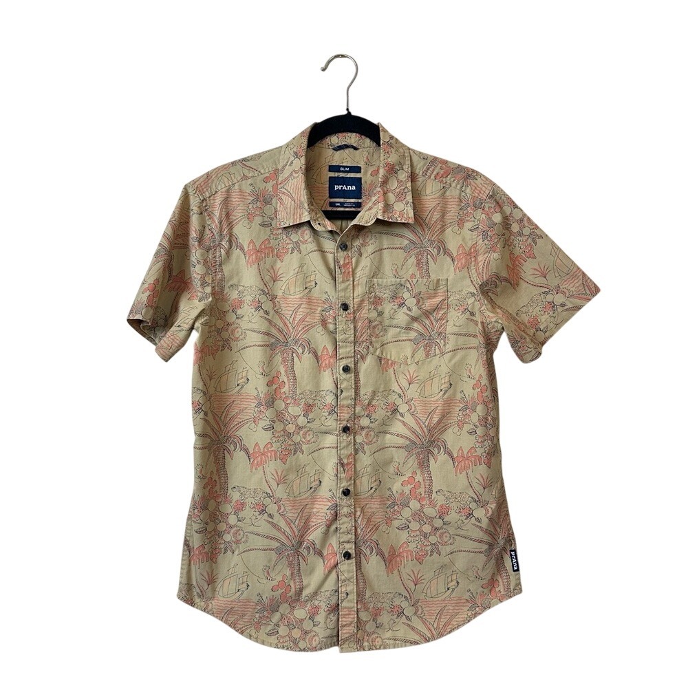 Prana Tan Short Sleeve Button-Down Shirt Coral Botanical Print Safari Summer
